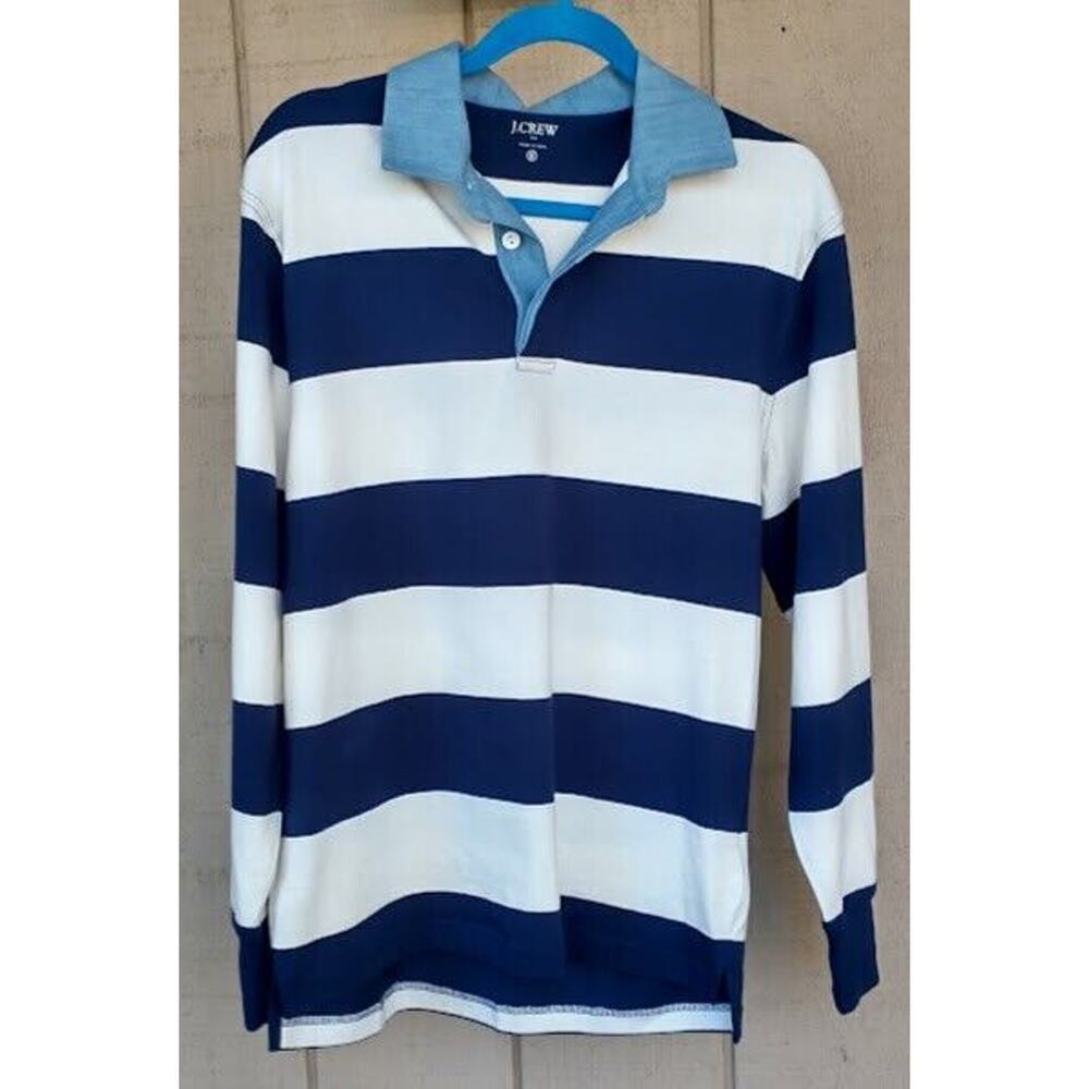 JCrewMenLongSleeveCottonPoloShirtSweaterPulloverBlueandWhiteStripeLargeNWOT
